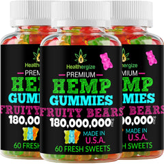 Healthergize 3-pack hemp gummies bottle boosts daily calm with fruity flavor.