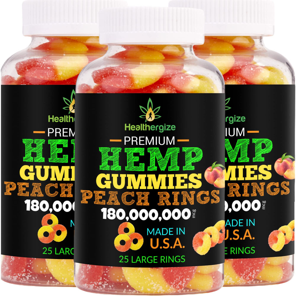 Healthergize 3-pack hemp gummies peach rings for daily calm and mood support.