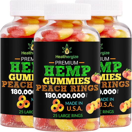 Healthergize 3-pack hemp gummies peach rings for daily calm and mood support.