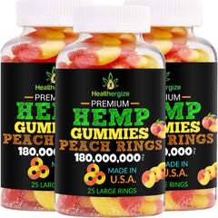 Healthergize 3-pack hemp gummies peach rings for daily calm and mood support.