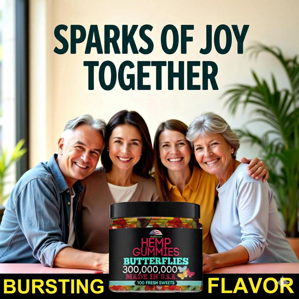 Healthergize butterfly-shaped gummies texture close-up, a playful snack for mood balance.
