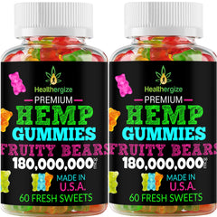 Healthergize hemp gummies 2pack packshot shows value and convenience for daily use.