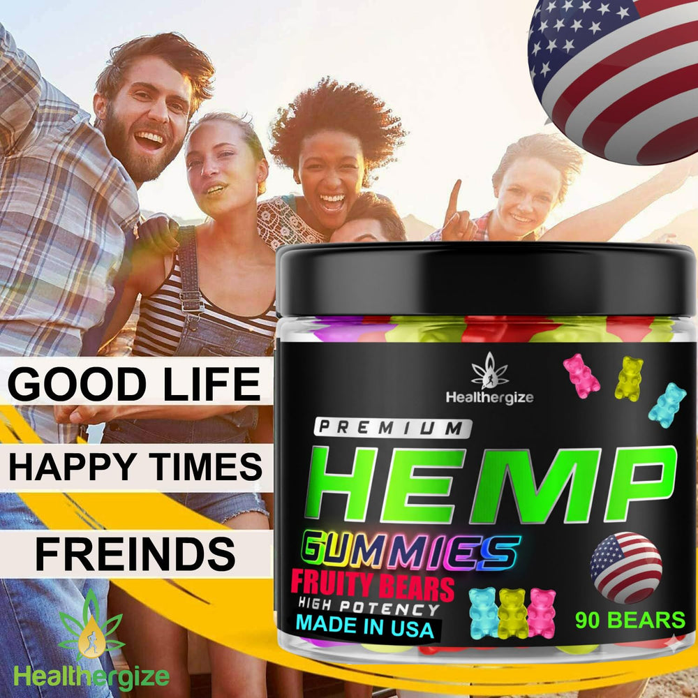 Healthergize Hemp Gummies pack shot emphasizes premium USA-made quality and sustained calm.