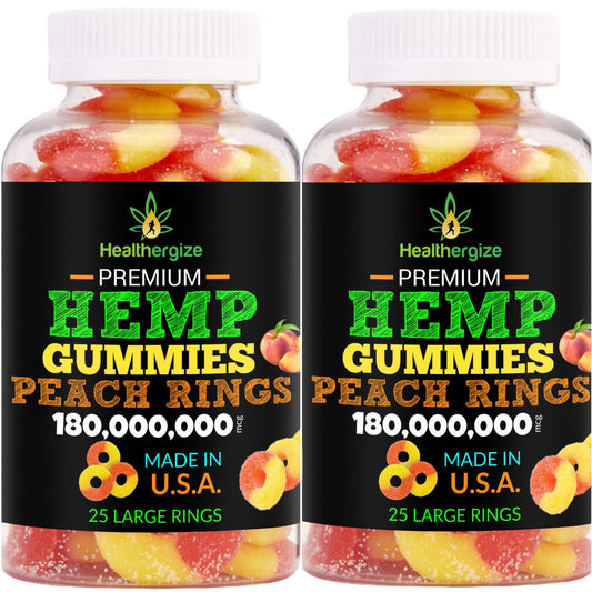 Healthergize hemp gummies peach bottle 2-pack for easy rest and calm.