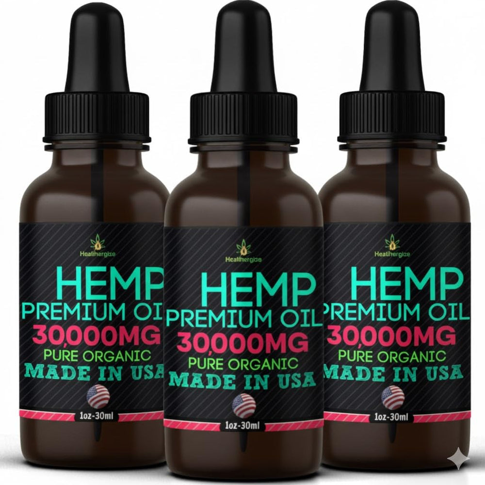 Healthergize Hemp Oil bottle with nutty aroma for daily use.