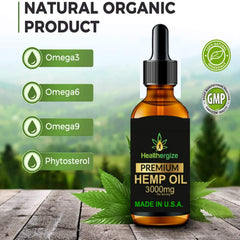 Healthergize Hemp Oil Premium nutrient-rich contents displayed on label.