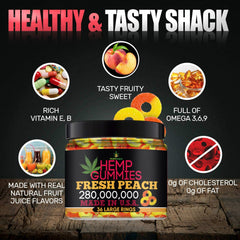 Healthergize peach gummies jar closeup with soft texture and peach flavor for easy enjoyment.