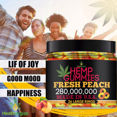Healthergize peach gummies packaging display highlights full flavor and easy dosage.