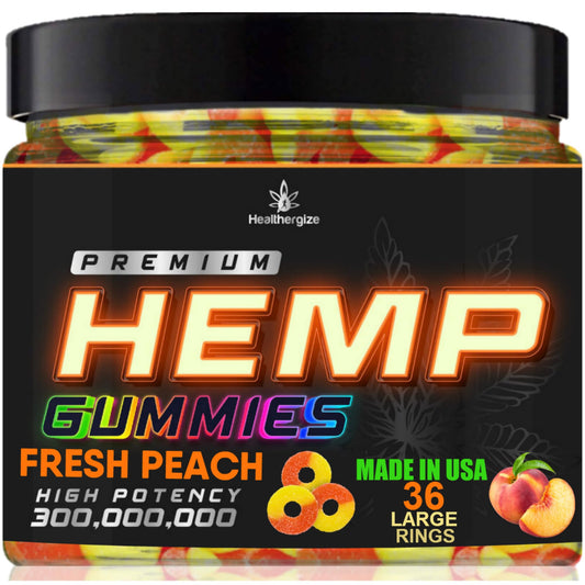Healthergize Peach Ring Gummies bottle front, relaxing lifestyle in reach