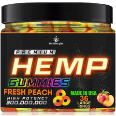 Healthergize Peach Ring Gummies bottle front, relaxing lifestyle in reach