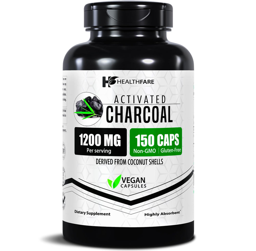 Healthfare activated charcoal bottle close-up showing 1200mg capsules for daily use