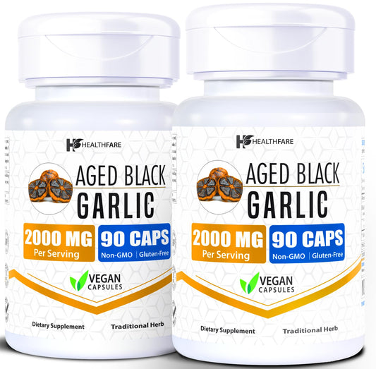 Healthfare aged black garlic supplement bottle shows 2000mg equivalent potency