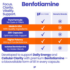 Healthfare Benfotiamine packaging label emphasizing vegan, non-GMO and enhanced absorption