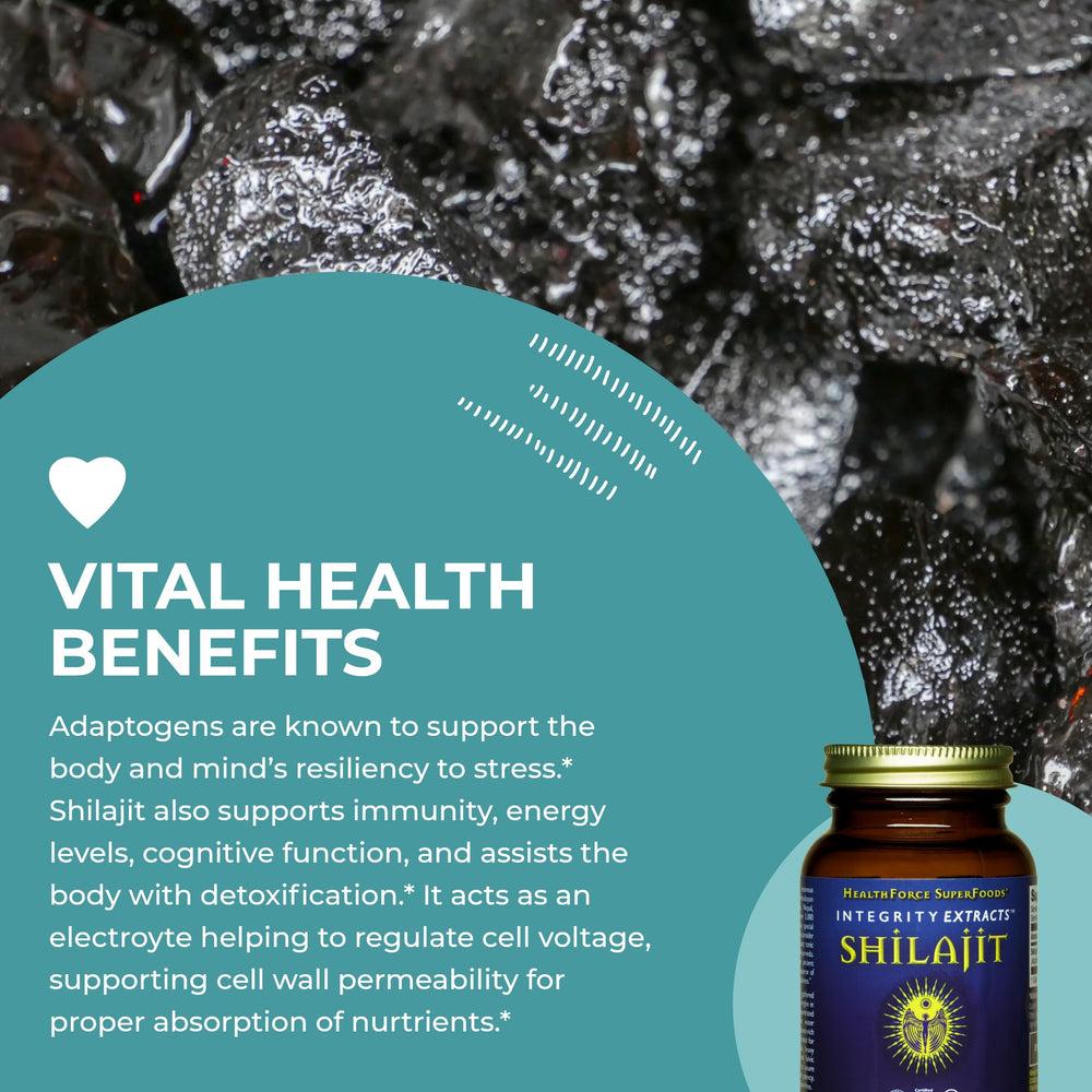 HealthForce Shilajit minerals iconography highlights 75+ minerals in ionic form.