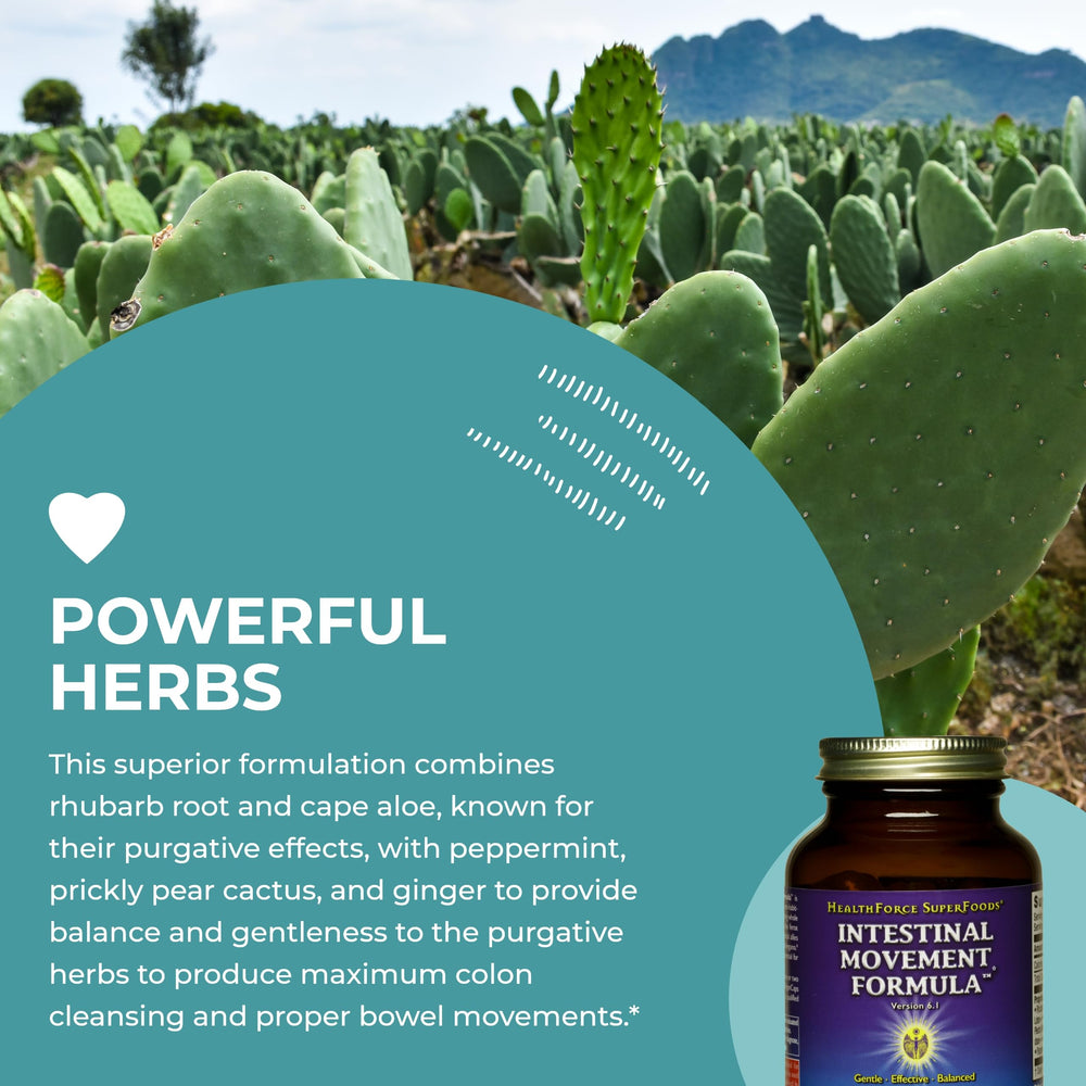 Herbal blend illustration for HealthForce Intestinal Movement Formula with whole-leaf herbs