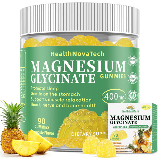 HealthNovaTech Magnesium Glycinate Gummies bottle front shows pineapple flavor for easy nightly use.