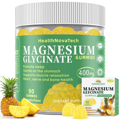 HealthNovaTech Magnesium Glycinate Gummies bottle front shows pineapple flavor for easy nightly use.