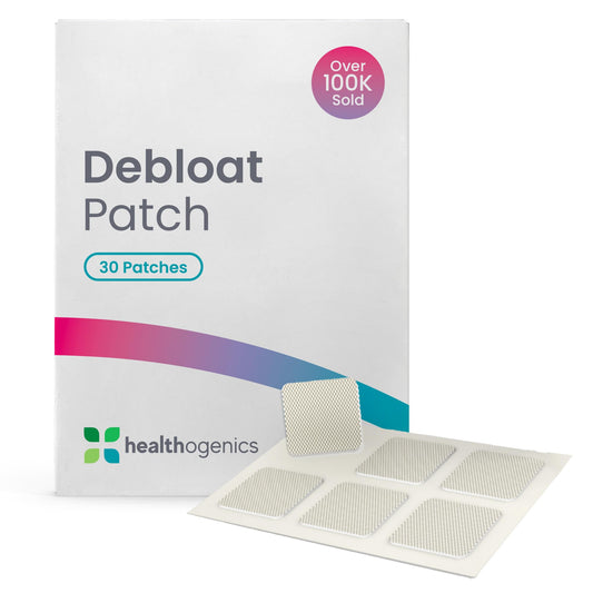 Healthogenics Debloat Patch packaging close-up for discreet daily relief