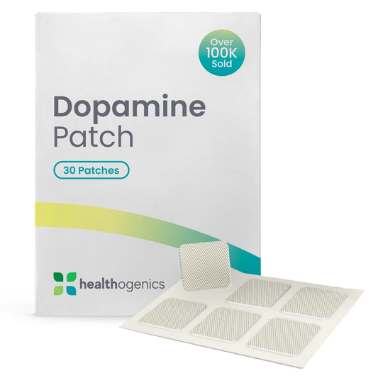 Healthogenics Dopamine Patch packaging highlights vegan, non-stimulant mood support.