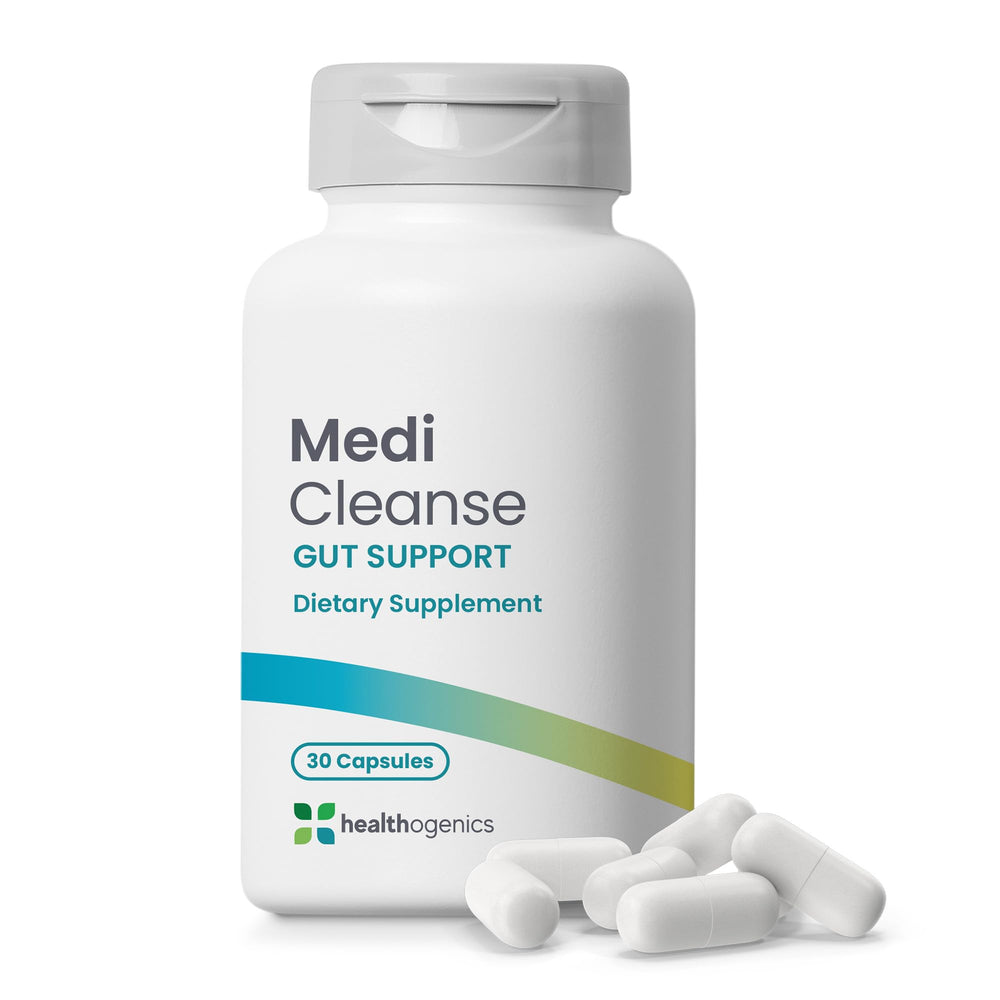 Healthogenics Medi Cleanse bottle shows easy daily dosage for digestive balance.