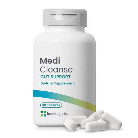 Healthogenics Medi Cleanse bottle shows easy daily dosage for digestive balance.