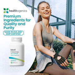 Lifestyle scene with Healthogenics Medi Cleanse bottle shows easy daily intake for consistent support.