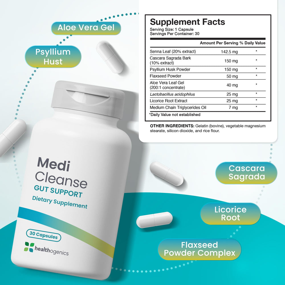 Healthogenics Medi Cleanse packaging highlights a convenient 30-day routine for steady support.