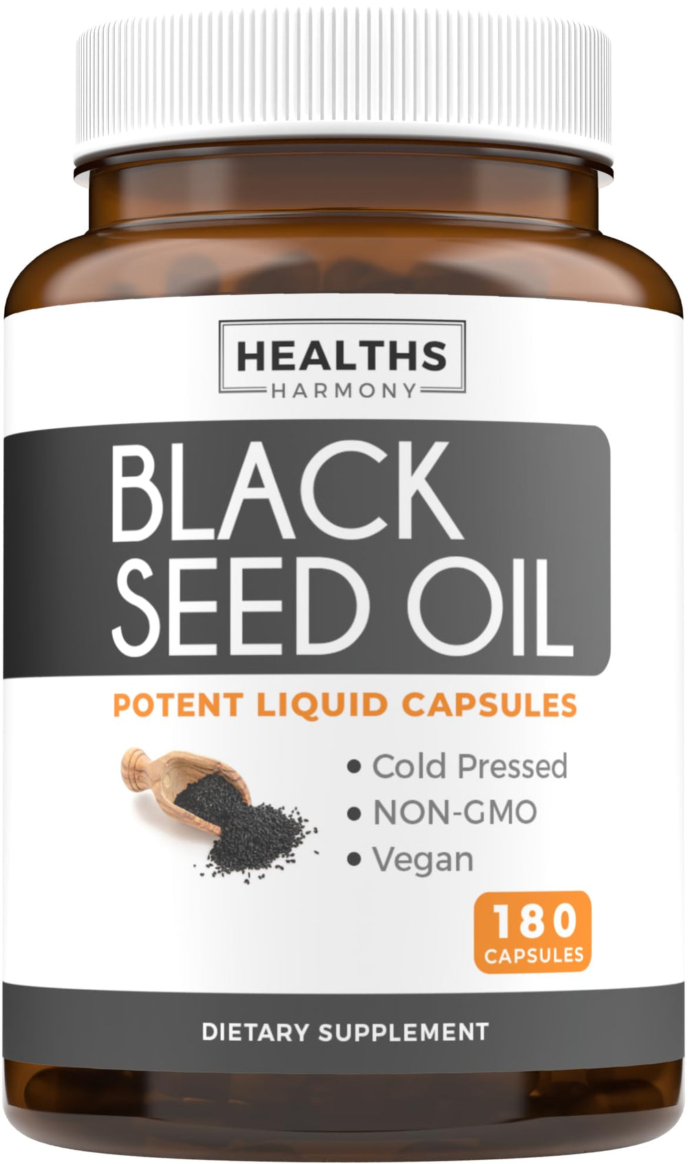 Healths Harmony Black Seed Oil softgel bottle shows vegan, non-GMO formula.