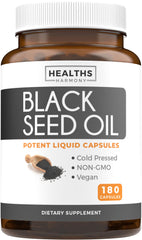 Healths Harmony Black Seed Oil softgel bottle shows vegan, non-GMO formula.