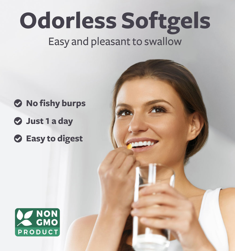 Healths Harmony Omega 7 label detail emphasizes non-GMO and gluten-free.