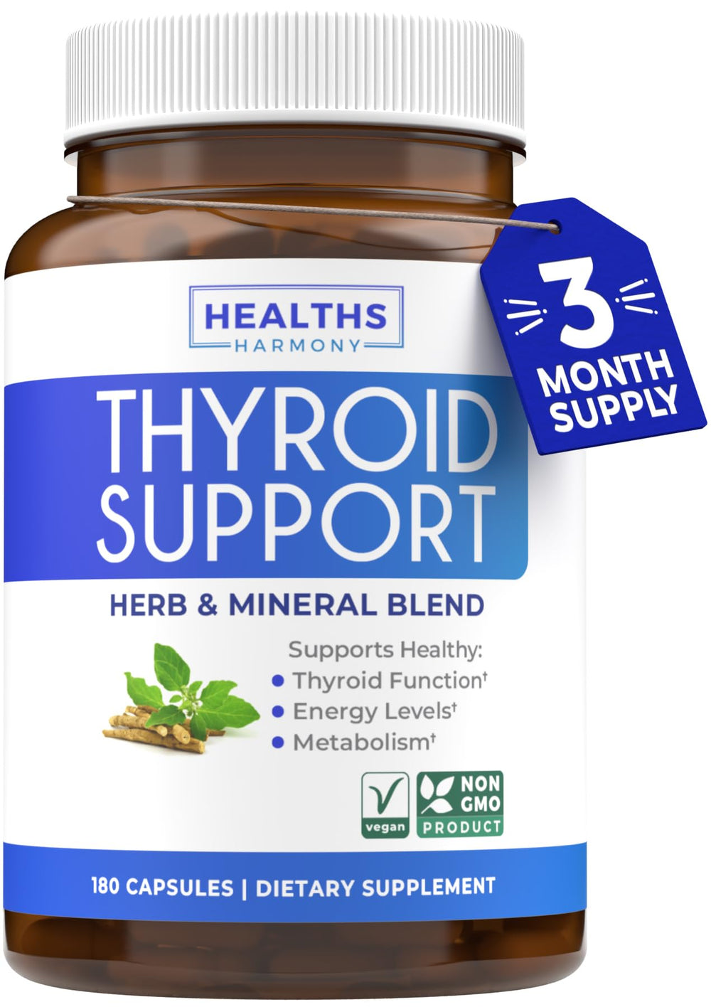 Healths Harmony thyroid support bottle with iodine for daily energy.