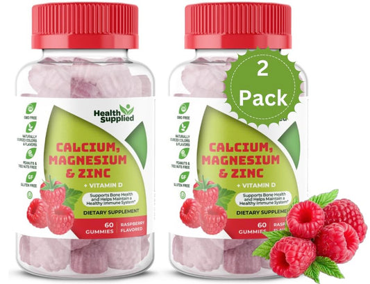 Health Supplied calcium magnesium zinc vitamin D bottle shows clear label for bone and immune support.