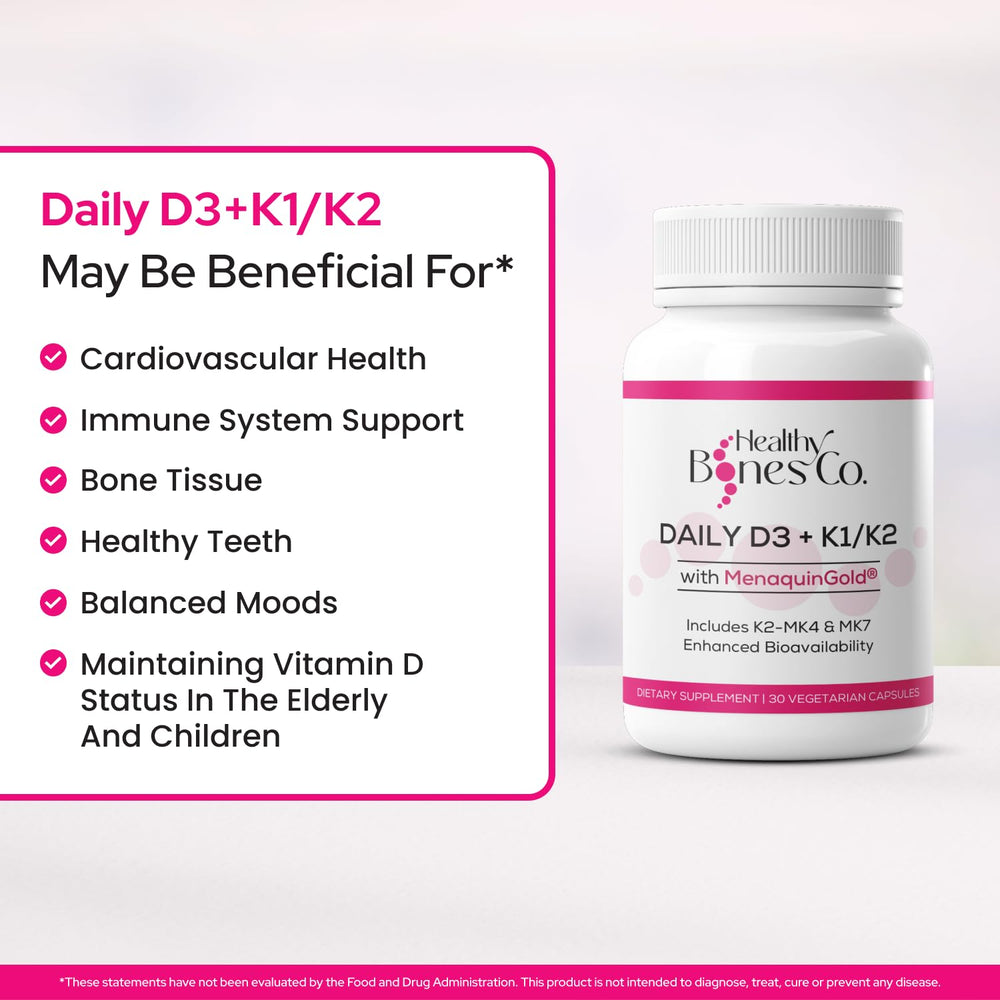 Healthy Bones Co Premium D3 K2 bottle back label highlights ingredients