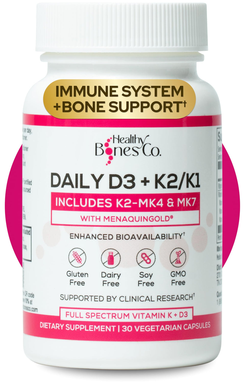Healthy Bones Co Premium D3 K2 bottle front showing daily wellness formula