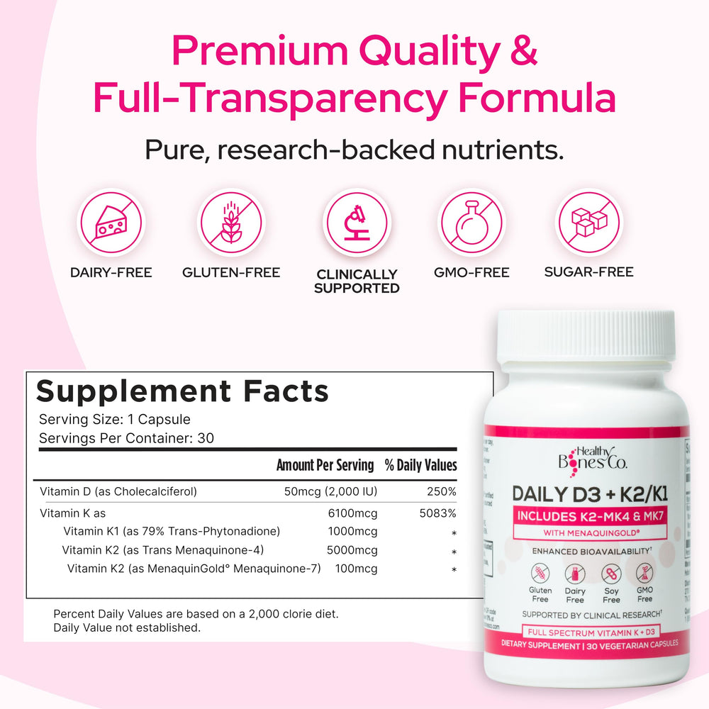 Healthy Bones Co Premium D3 K2 capsules closeup