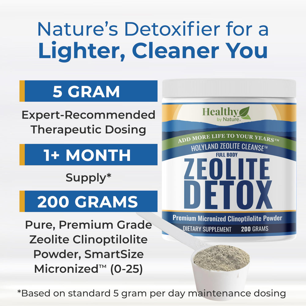 Healthy by Nature HolyLand Zeolite tub label closeup showing purity and minerals
