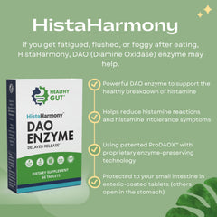 Healthy Gut HistaHarmony bottle and wine-glass lifestyle shot suggesting meals with calmer histamine response.