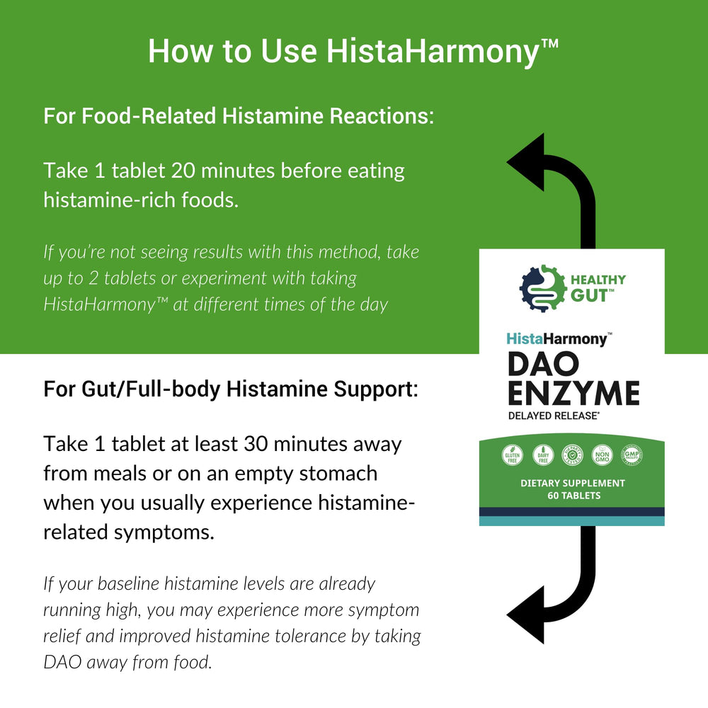 Healthy Gut HistaHarmony serving tray emphasizes daily routine and consistent dosing.