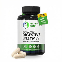 Healthy Gut HoloZyme Max Strength bottle with blended enzymes for daily digestion support