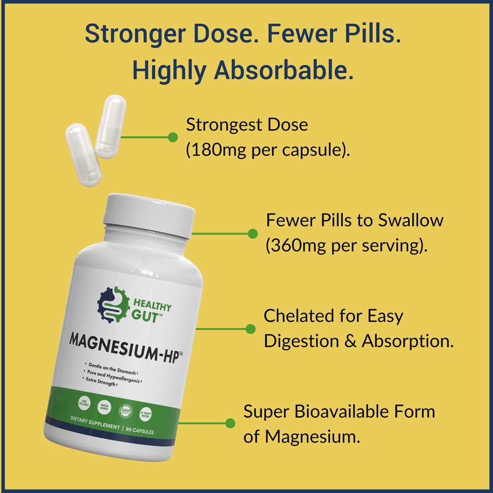 Healthy Gut Magnesium-HP bottle pour demonstrates easy daily dosing.