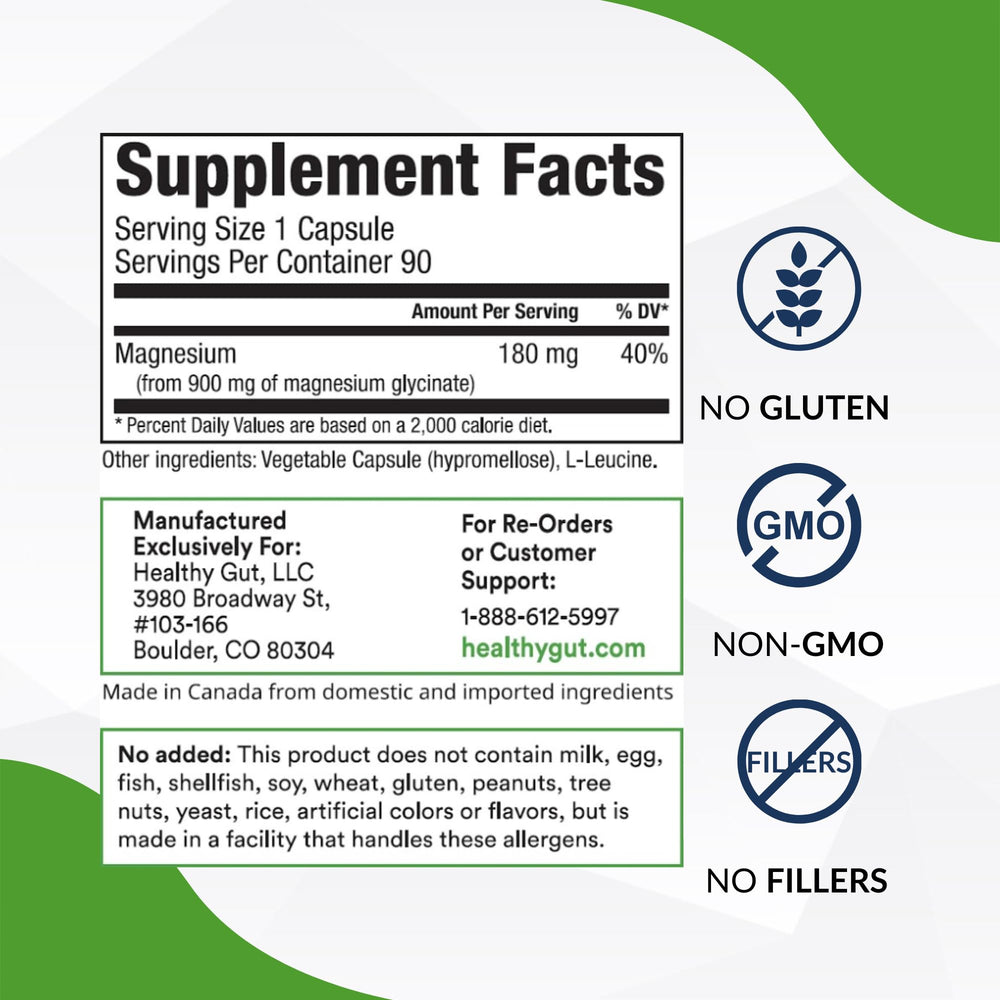 Healthy Gut Magnesium-HP capsules close-up highlighting high-purity glycinate formulation.