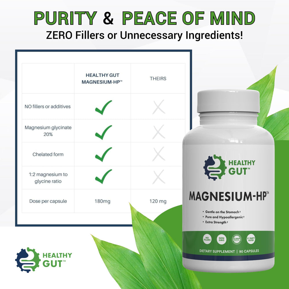 Healthy Gut Magnesium-HP label details emphasize quality and 180 mg per capsule.
