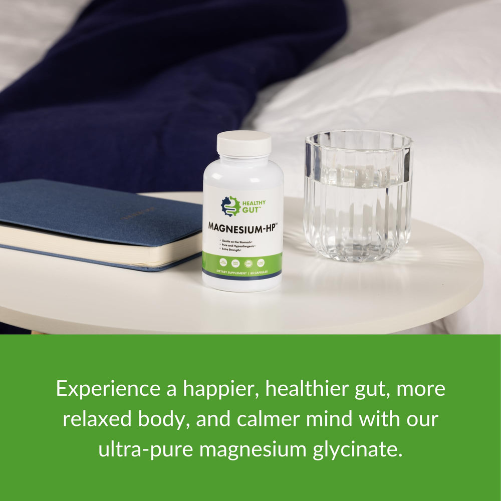 Healthy Gut Magnesium-HP serving size graphic shows one-capsule daily serving.