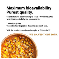 Healthy Gut Tributyrin-X bottle with label notes 99.9 percent purity