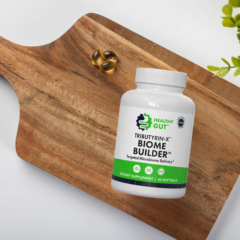 Healthy Gut Tributyrin-X supplement box on desk, ready for daily gut care