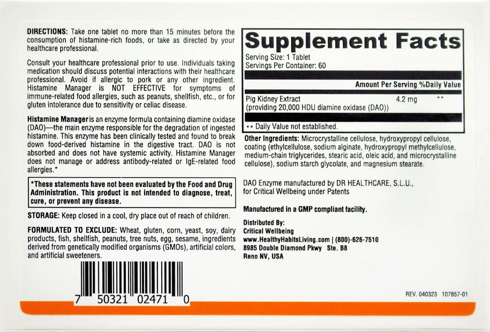 Healthy Habits Living DAO tablet closeup highlights 20,000 HDU potency.