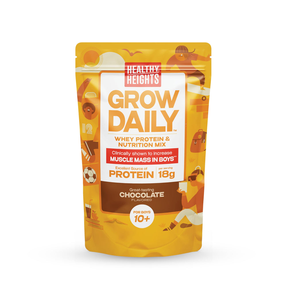 Healthy Heights Grow Daily Kids Protein Drink Mix chocolate pouch showing convenient daily protein for active kids.