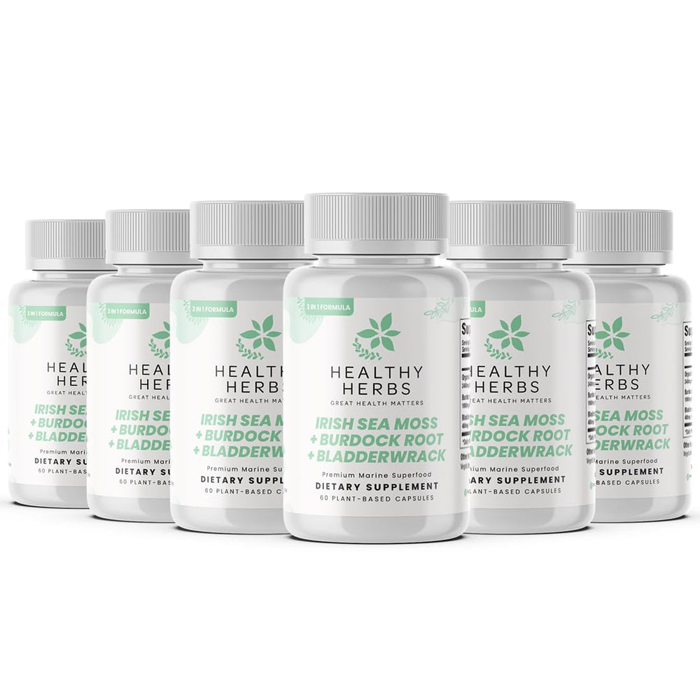 Healthy Herbs sea moss bottle front in a 6-pack for daily plant-based support