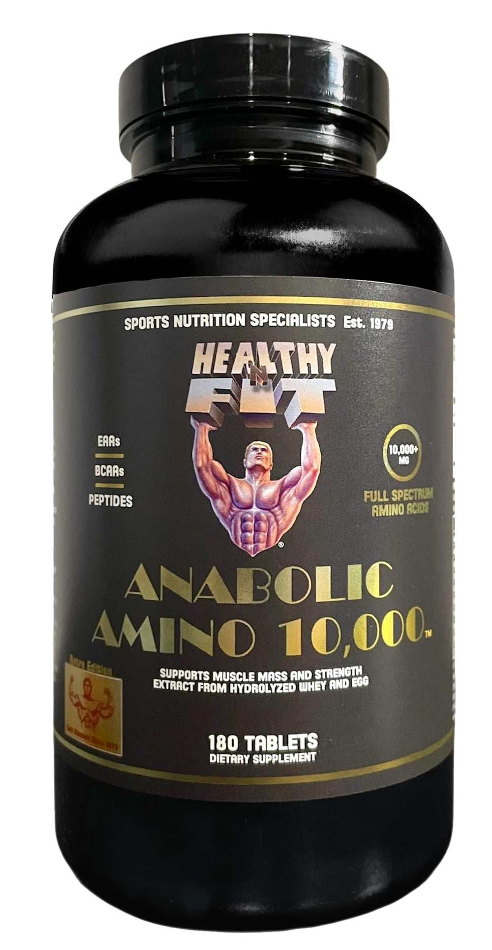 Healthy 'N Fit Amino 10,000 bottle closeup highlighting label and purity promise