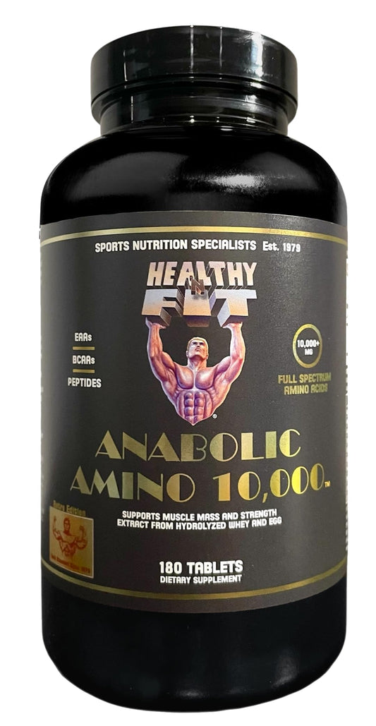 Healthy 'N Fit Amino 10,000 bottle closeup highlighting label and purity promise